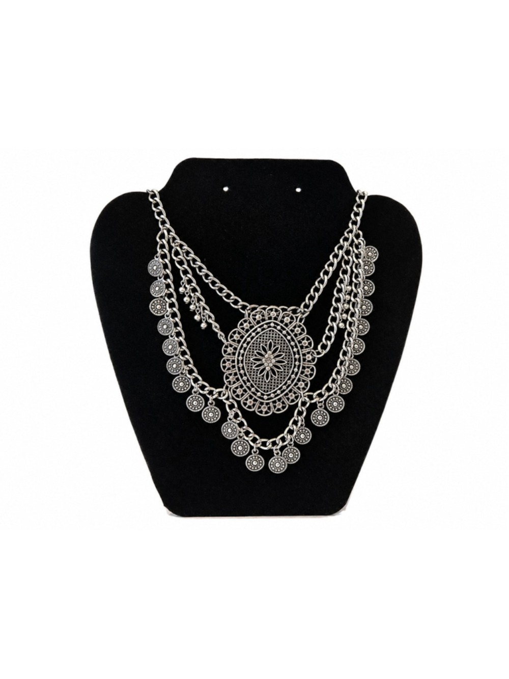 Silver Tone Boho Statement Bib Necklace Layered Chain Coin Charm Festival Jewelr
